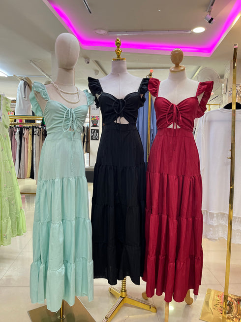 Flutter Sleeves Hollow Out Long Tiered Maxi Dress